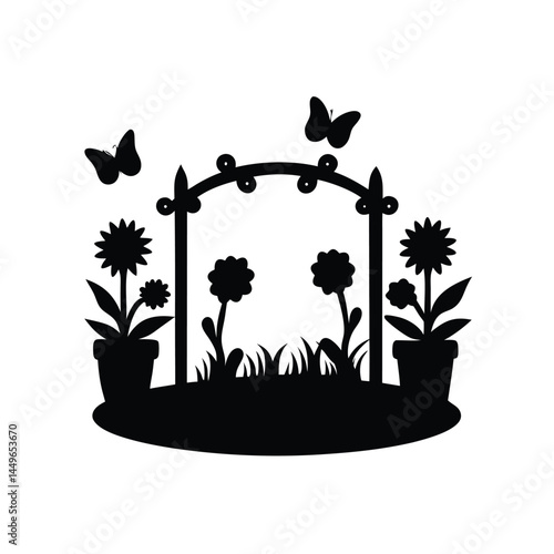 Black silhouette of a garden with flower pots, sunflower, butterfly, and picket fence