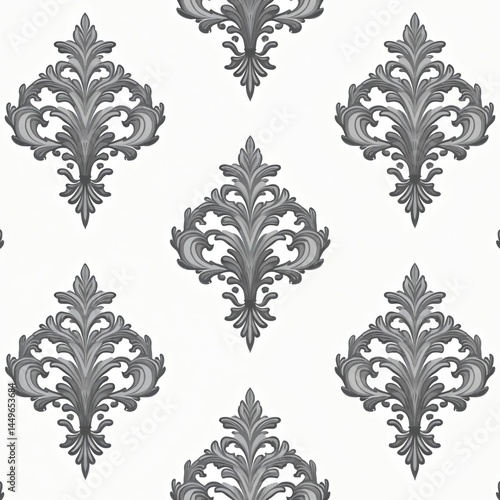 Obraz na płótnie Elegant grayscale damask pattern with repeating ornate floral motifs on white background. Symmetric design. Perfect for textile wallpaper, home decor, interior design, art projects and design element. w salonie