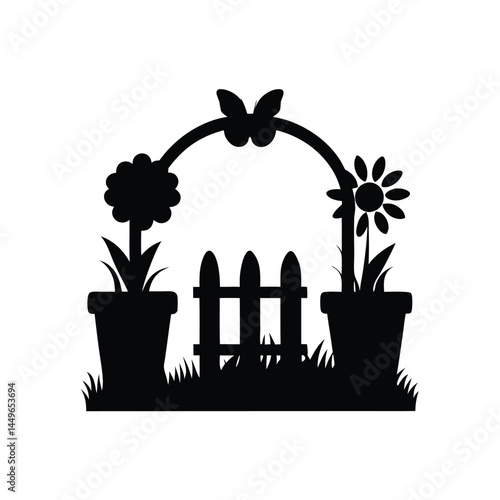 Black silhouette of a garden with flower pots, sunflower, butterfly, and picket fence