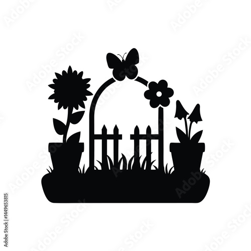 Black silhouette of a garden with flower pots, sunflower, butterfly, and picket fence