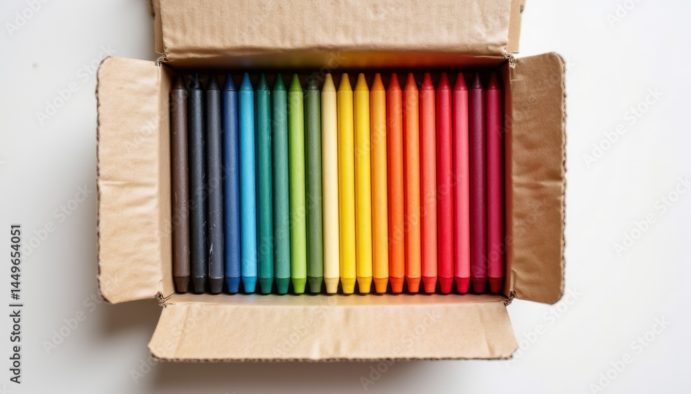 Fototapeta premium a top down view of an open box of crayons with a classic cardboard holder, each color lined up perfectly