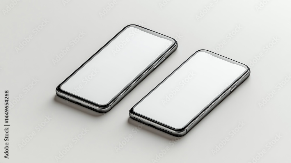Two smartphones mockup, blank screen, white background, technology presentation Two smartphones mockup, blank screen, white background, technology presentation