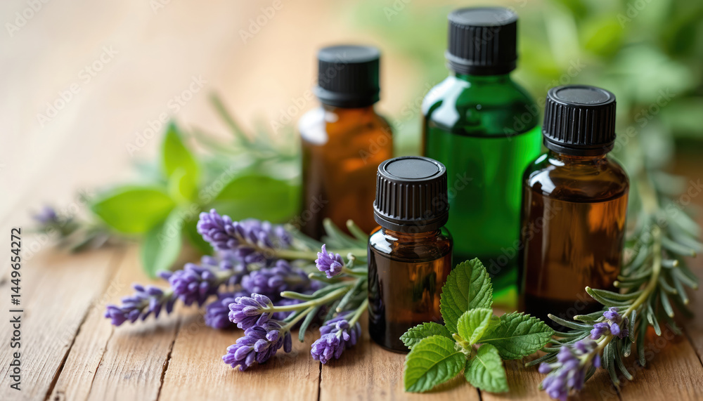 Essential oil bottles with fresh plants like lavender, peppermint, rosemary. Aromatherapy concept. Relaxing spa atmosphere. Health wellness benefits. Natural remedy. Alternative medicine. Essential oil bottles with fresh plants like lavender, peppermint, rosemary. Aromatherapy concept. Relaxing spa atmosphere. Health wellness benefits. Natural remedy. Alternative medicine.