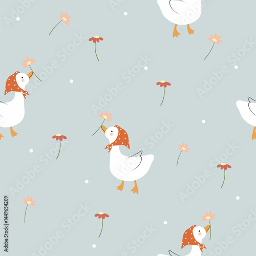 duck wearing a headscarf  with flower in beak and around seamless pattern , vector , illustration , scarf