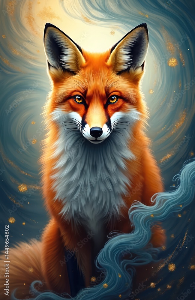 Majestic fox portrait. Artistic representation of nature beauty. Ethereal swirls with vibrant colors. Orange fur, captivating gaze, detailed texture, fantasy expression.