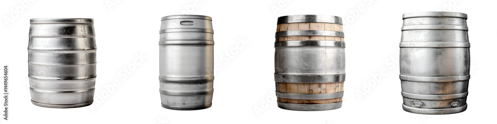 Fototapeta premium Assorted metal and wooden alcohol barrels for drinks production.