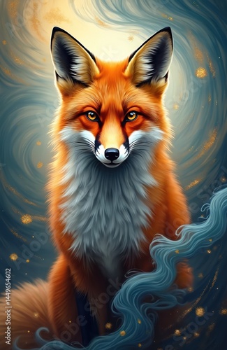 Obraz na płótnie Majestic fox portrait. Artistic representation of nature beauty. Ethereal swirls with vibrant colors. Orange fur, captivating gaze, detailed texture, fantasy expression. w salonie