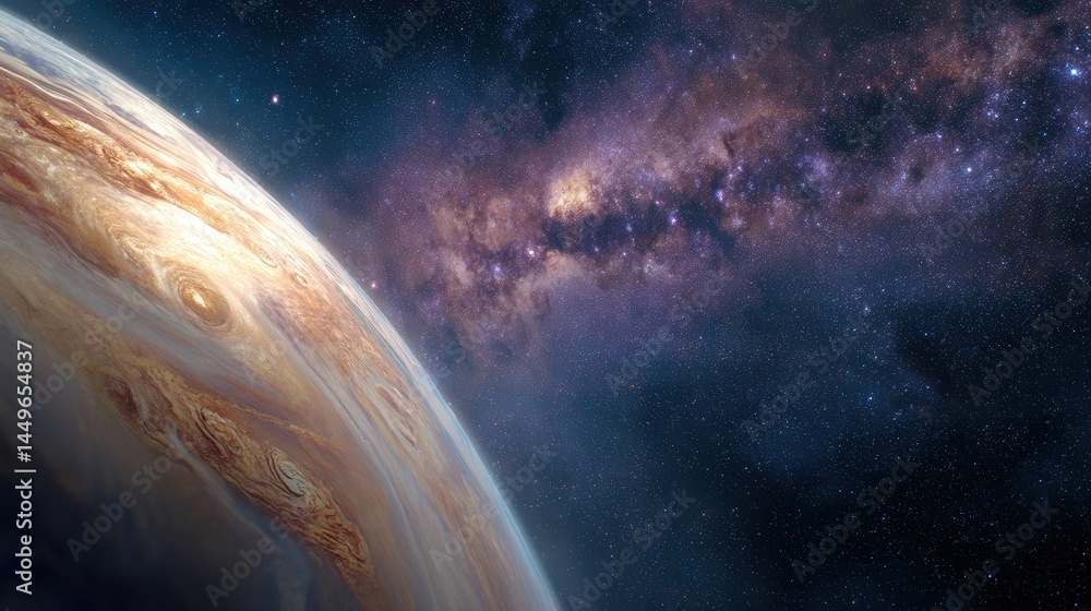 Fototapeta premium Majestic view of Jupiter's swirling atmosphere against the backdrop of a vibrant galaxy. A cosmic spectacle of swirling colors and celestial wonders.