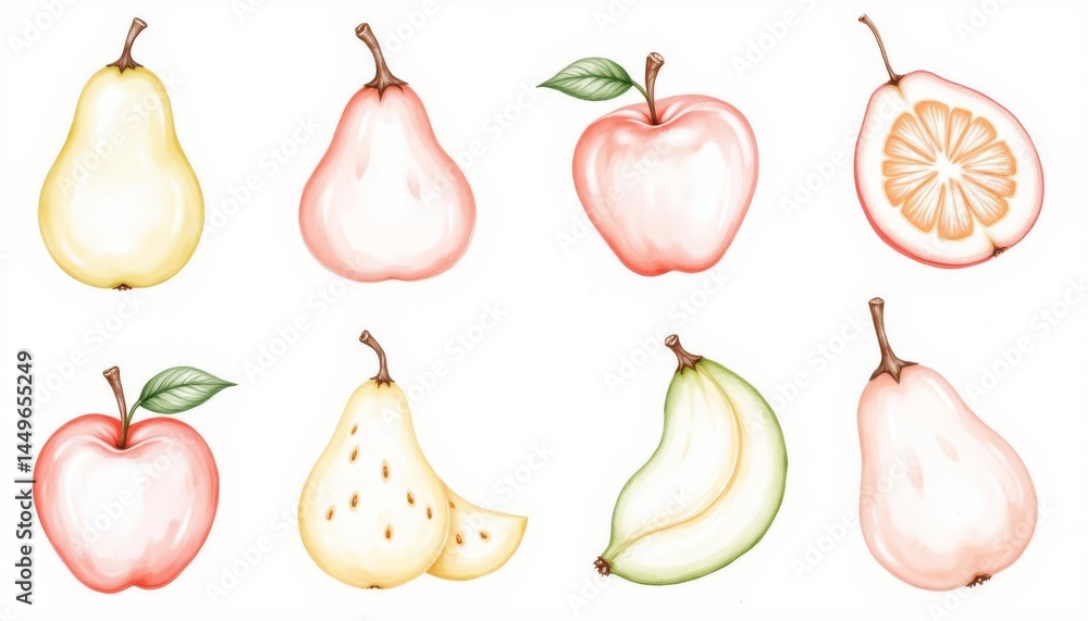 a set of tropical fruit elements, outlined with fine ink style strokes and filled with watercolor textures a set of tropical fruit elements, outlined with fine ink style strokes and filled with watercolor textures