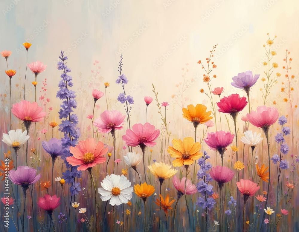 Abstract oil painting illustration features colorful flowers. Artistic wallpaper background with texture. Floral design with ink splash, painting art artwork for fabric, decor, print, wallpaper.