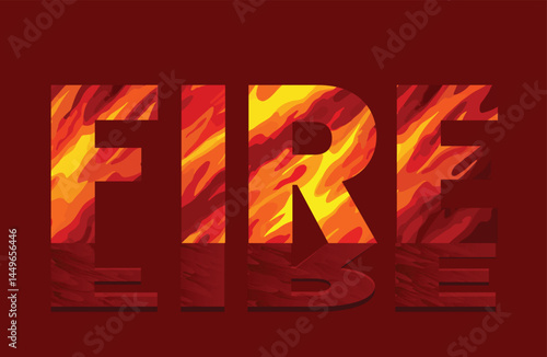 Bold typography spelling FIRE with a dynamic internal flame texture against a deep red background, conveying heat and energy