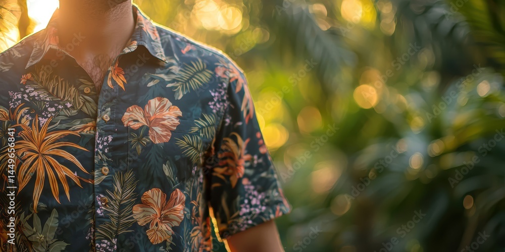 Fototapeta premium a man wearing a floral shirt standing in a tropical forest with trees and plants 