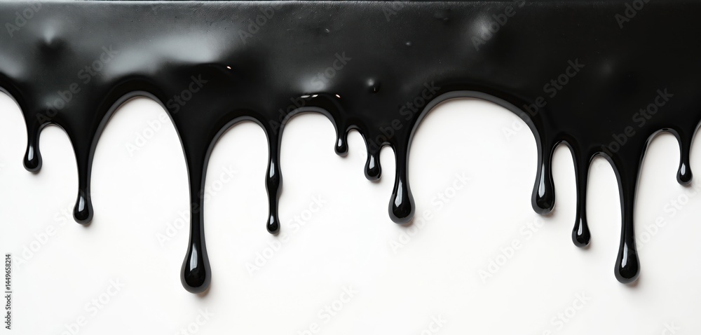 Black slime drips down on white background. Textured glossy black paint flows creates a liquid look. Dark viscous substance is perfect for Halloween design, horror illustration, art projects.