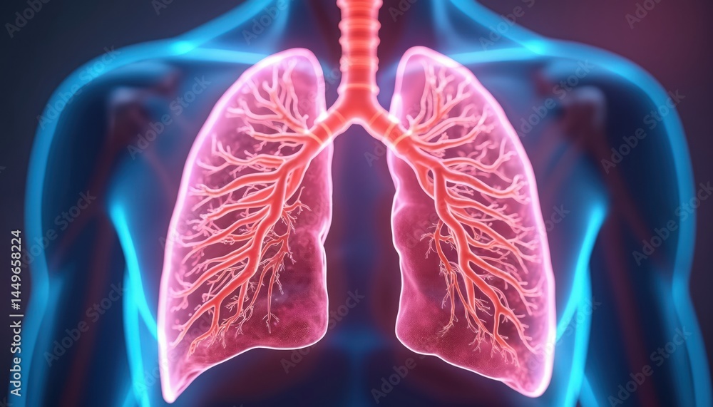 Medical illustration shows human lungs, pulmonary fibrosis. Condition causes breathing difficulties, requires medical attention. Focuses on lungs structure, respiratory system. Medical, health,