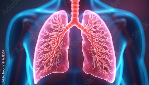 Obraz na płótnie Medical illustration shows human lungs, pulmonary fibrosis. Condition causes breathing difficulties, requires medical attention. Focuses on lungs structure, respiratory system. Medical, health, w salonie