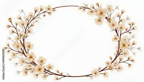 Obraz na płótnie Floral illustration frame with blossoms and branches. Delicate petals create oval wreath composition. Light beige flowers on white. Wedding invitation or greeting card design. Botanical design. w salonie