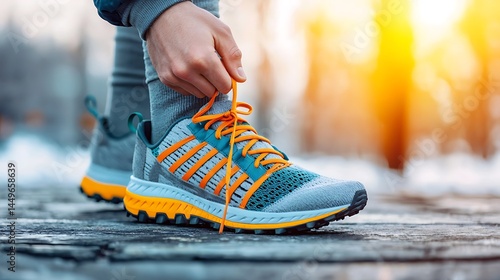 Tying running shoes outdoors