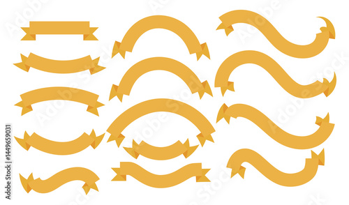 Golden color Ribbon elements. Gold outline modern simple ribbons collection. Flat banner ribbon for decorative design. Ribbons, Banners, badges, Labels Design Elements.