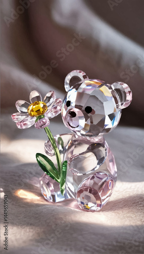Crystal glass teddy bear with a flower on the background of drapery. Vector graphics. EPS.