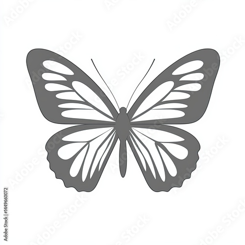 Butterfly vector icon, simple line art, gray color on a white background, one thin stroke for the butterfly's wings and body, no details in the front view. 