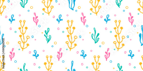 Seamless pattern with sea plants and air bubbles drawn with crayon pencils. Underwater marine reef elements, cute color crayon doodle icons of ocean seaweed on white background. Vector illustration