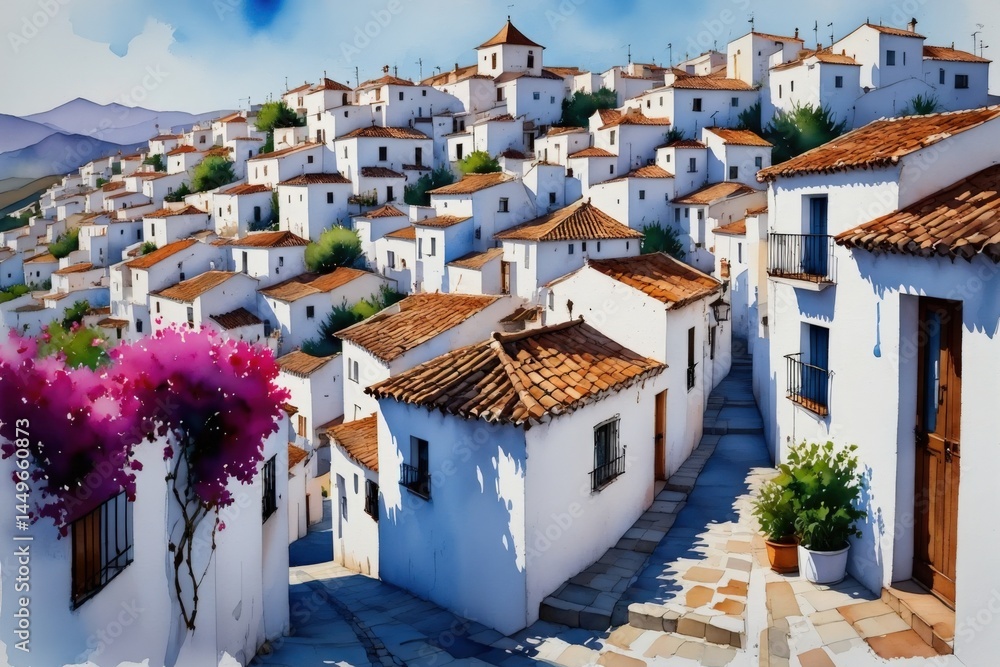 Fototapeta premium Charming mediterranean village with white houses and cobblestone streets