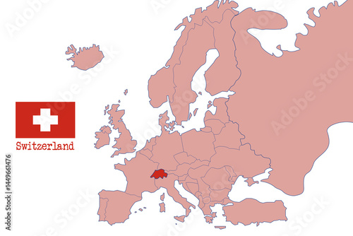 Political Map of Europe Highlighting Switzerland with National Flag and Country Name Emphasized in Bold Red and White