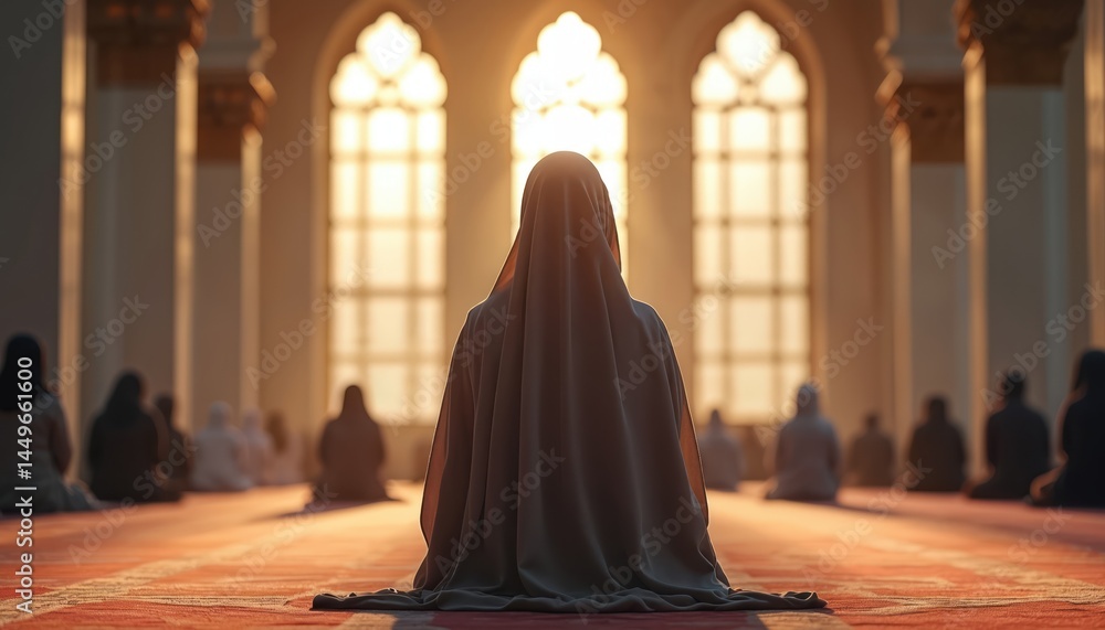 Muslim woman in hijab prays inside the mosque. Back view, kneeling on a red carpet. Light shines through the windows. People praying, indoor image. Prayer to god.