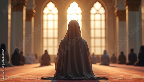 Muslim woman in hijab prays inside the mosque. Back view, kneeling on a red carpet. Light shines through the windows. People praying, indoor image. Prayer to god.