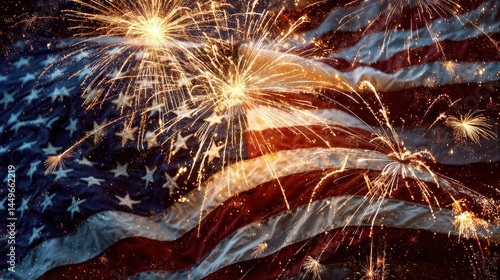 Spectacular fireworks display illuminating an American flag at night. A vibrant celebration of freedom and patriotism.