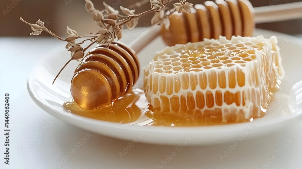 Honeycomb and Honey Dipper on Plate, Sweet Golden Honey Texture, Natural Honeycomb, Healthy Food, Honey Drizzle, Closeup Honeycomb, Delicious Honey Honeycomb and Honey Dipper on Plate, Sweet Golden Honey Texture, Natural Honeycomb, Healthy Food, Honey Drizzle, Closeup Honeycomb, Delicious Honey