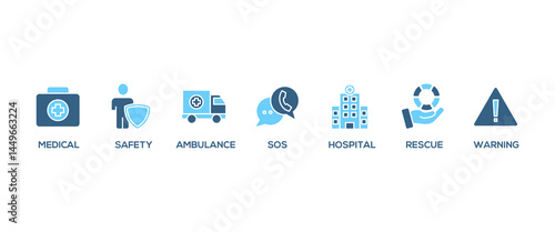 Emergency banner web icon vector illustration concept with icon of urgency, medical, safety, ambulance, sos, hospital, rescue, and warning