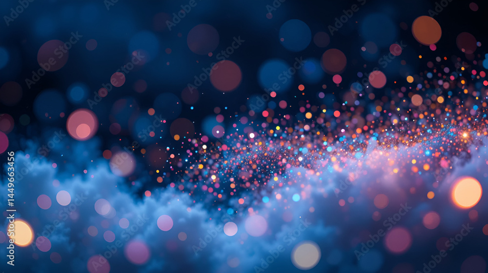 cloud of multicolored particles fly in air slowly or float in liquid like sparkles on dark blue background. Beautiful bokeh light effects with glowing particles. 74 cloud of multicolored particles fly in air slowly or float in liquid like sparkles on dark blue background. Beautiful bokeh light effects with glowing particles. 74