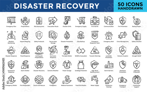 Disaster Recovery icons set with emergency plan, preparedness, risk assessment, evacuation route, disaster drills, emergency supply, first aid kit, communication icon. Simple handdrawn vector 

