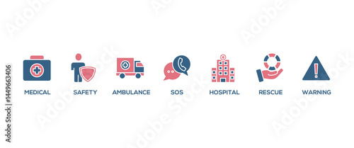Emergency banner web icon vector illustration concept with icon of urgency, medical, safety, ambulance, sos, hospital, rescue, and warning