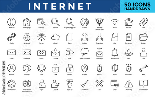 Internet icons set with website, homepage, browser, search, magnifying glass, globe, internet connection, wi-fi, router, link icon. Simple handdrawn vector 
