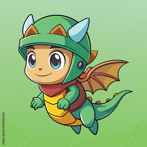 A cute, cartoonish dragon character with a green body, wearing a green helmet adorned with blue horns