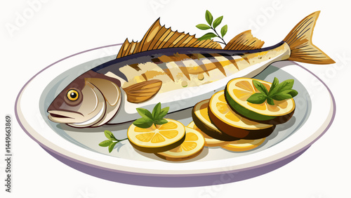 A tender fillet of sea bass, perfectly seared.
Served alongside golden roasted eggplant slices.
Minimalist plating on a white background.
Ideal for fine dining and healthy food vectors.