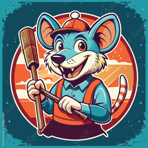 Colorful Cartoon Mouse Character Holding a Broom in a Scenic Background