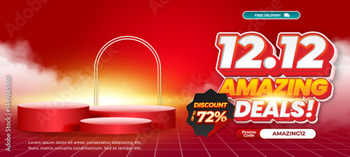 12.12 Amazing discount deals Sale Dynamic Red gradient Editable text effect Showcase Podium Cloudy style Horizontal Promotion banner Template