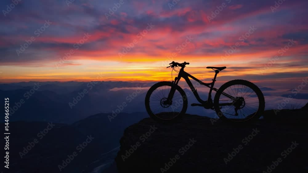 Mountain Bike Parked on Peak Overlooking Valley at Sunset Mountain Bike Parked on Peak Overlooking Valley at Sunset