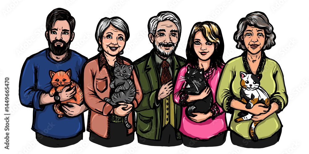 Fototapeta premium Ludzie w różnym wieku trzymający na rękach koty