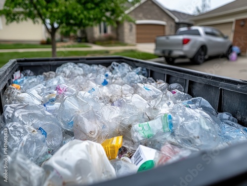 A close-up view of a dumpster filled with plastic waste, highlighting the issue of recycling and waste management in a suburban setting.