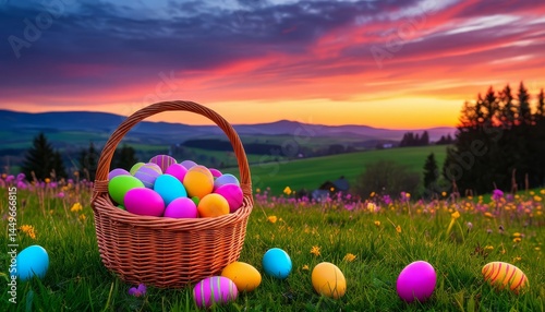 A vibrant basket of colorful Easter eggs sits on lush green grass, under a stunning sunset sky, with rolling hills and wildflowers in the background.