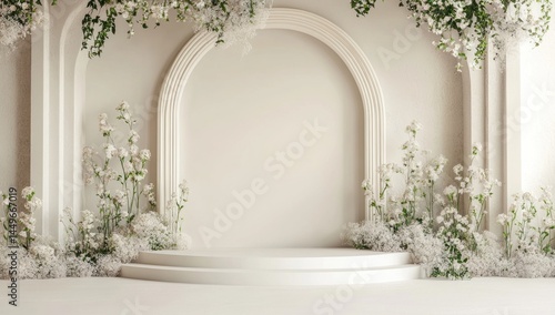 Elegant white floral podium backdrop.