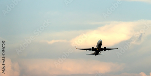 A plane in the sky during take -off or landing