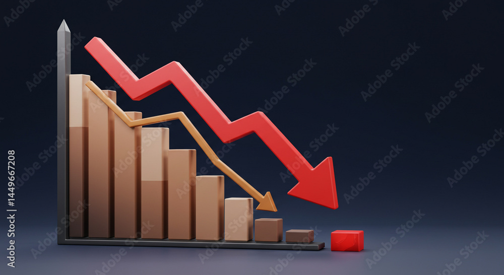 Dramatic downturn illustrated by bar graph with descending arrow symbols Dramatic downturn illustrated by bar graph with descending arrow symbols