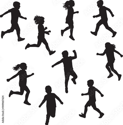 A collection of dynamic black silhouettes depicting children running and playing, conveying energy and the joy of childhood activity