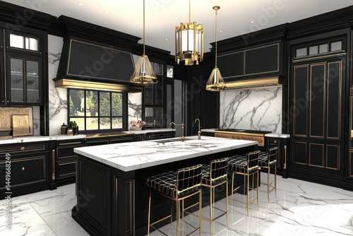Luxury black and gold kitchen with white marble accents.  Stylish island with black stools, statement lighting, and rich cabinetry