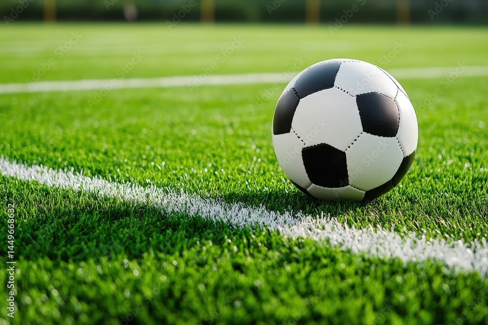 Fototapeta premium A soccer ball is currently sitting right on the edge of a soccer field